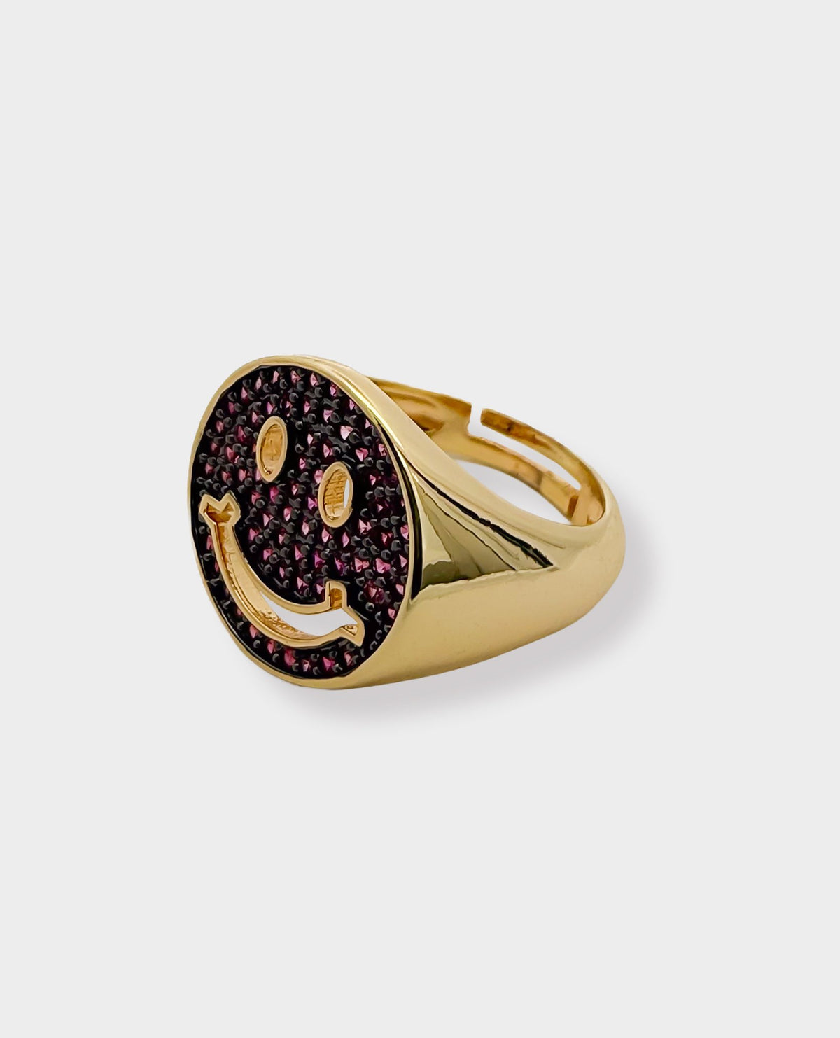 SMILEY GOLD SIGNET RING - DARK PINK