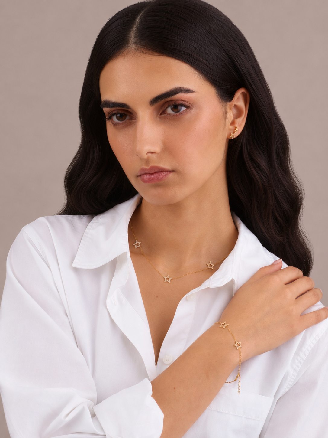 TRIPLE STAR GOLD NECKLACE, BRACELET & EARRING SET
