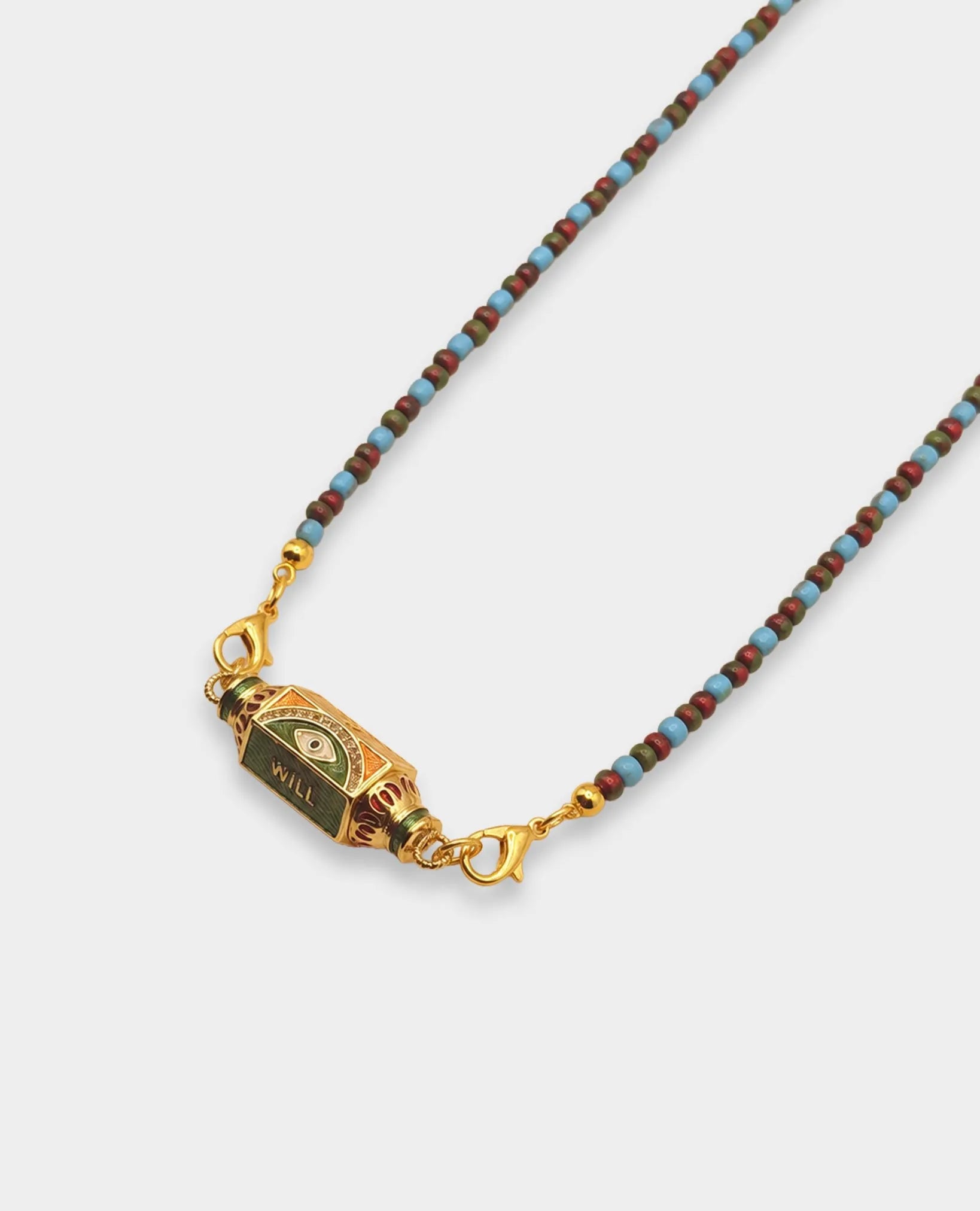 EVIL EYE AMULET BEADED NECKLACE - GREEN & ORANGE