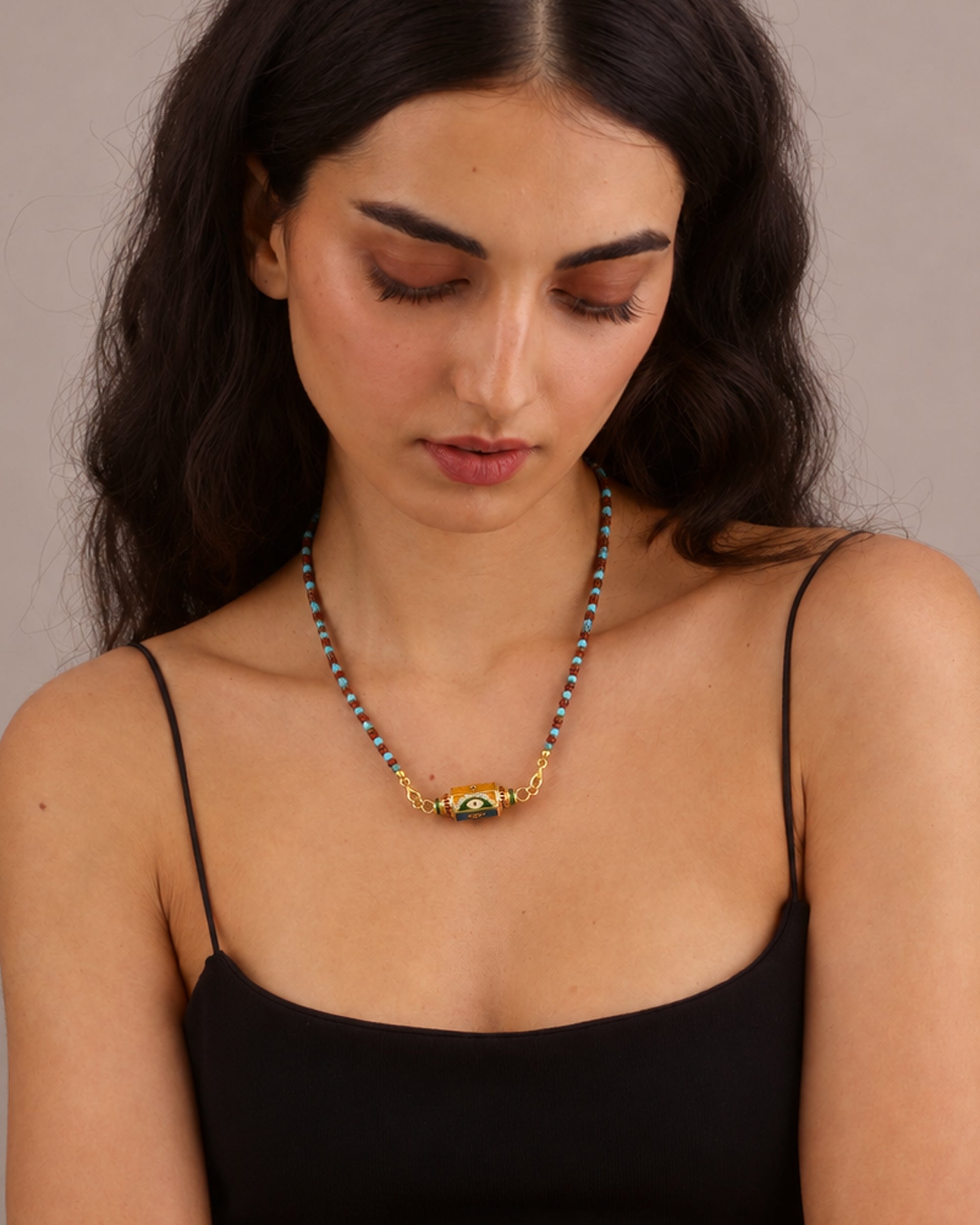 EVIL EYE AMULET BEADED NECKLACE - GREEN & ORANGE