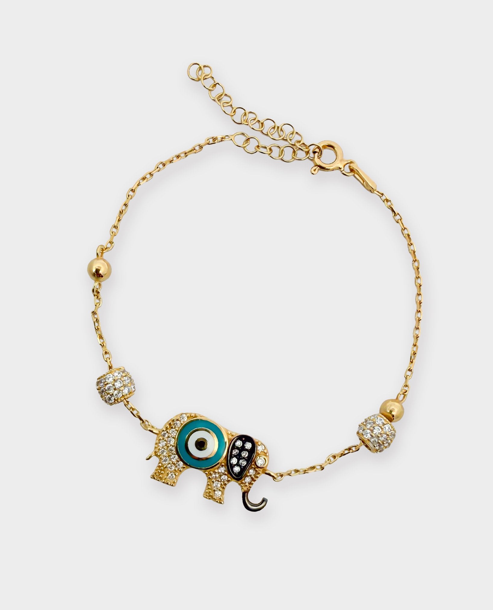 ELEPHANT EVIL EYE CHARM GOLD BRACELET