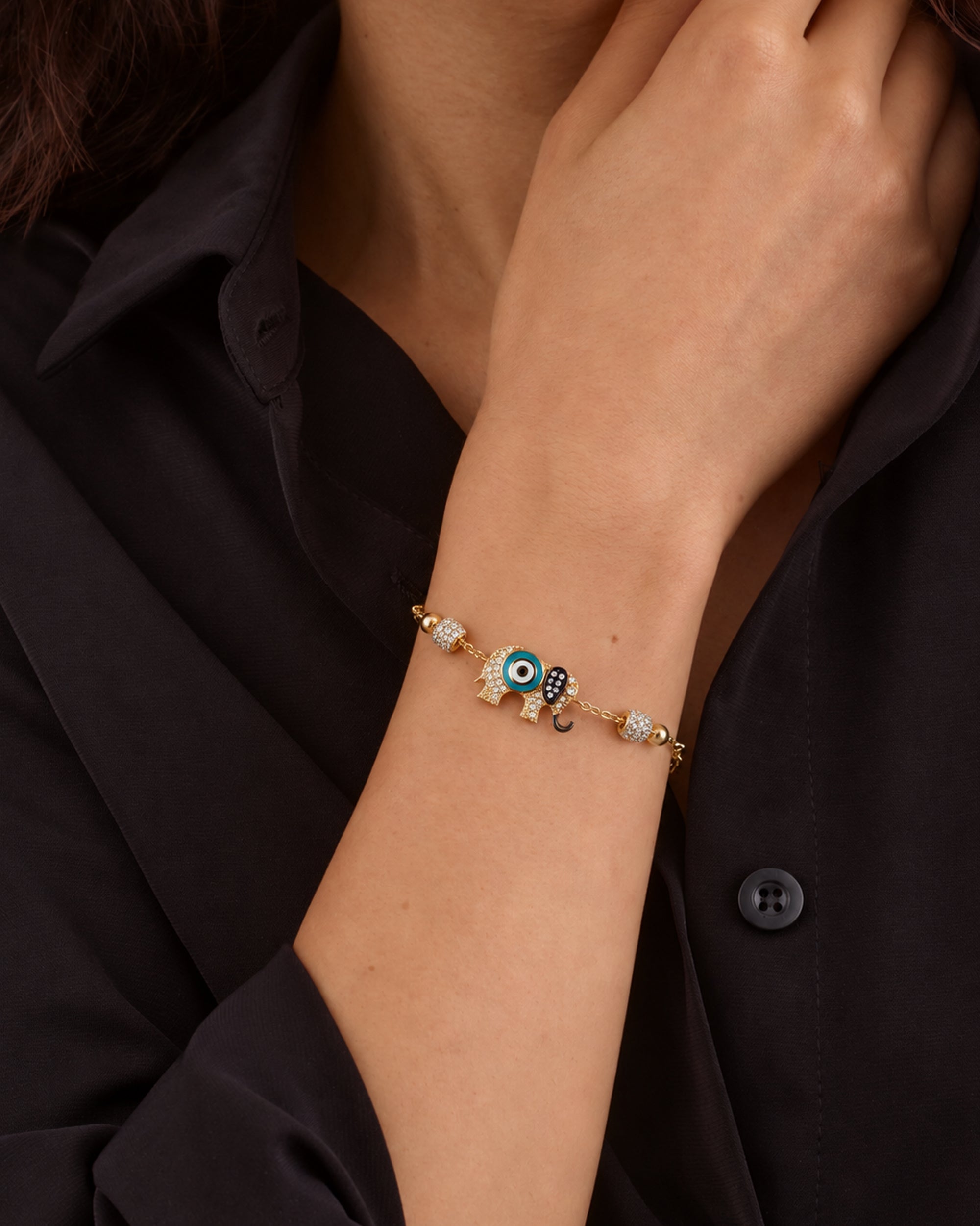 ELEPHANT EVIL EYE CHARM GOLD BRACELET