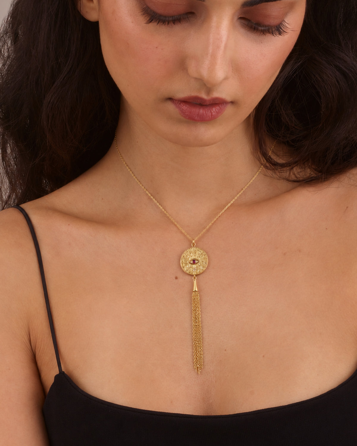 EVIL EYE GOLD TASSEL CHARM NECKLACE
